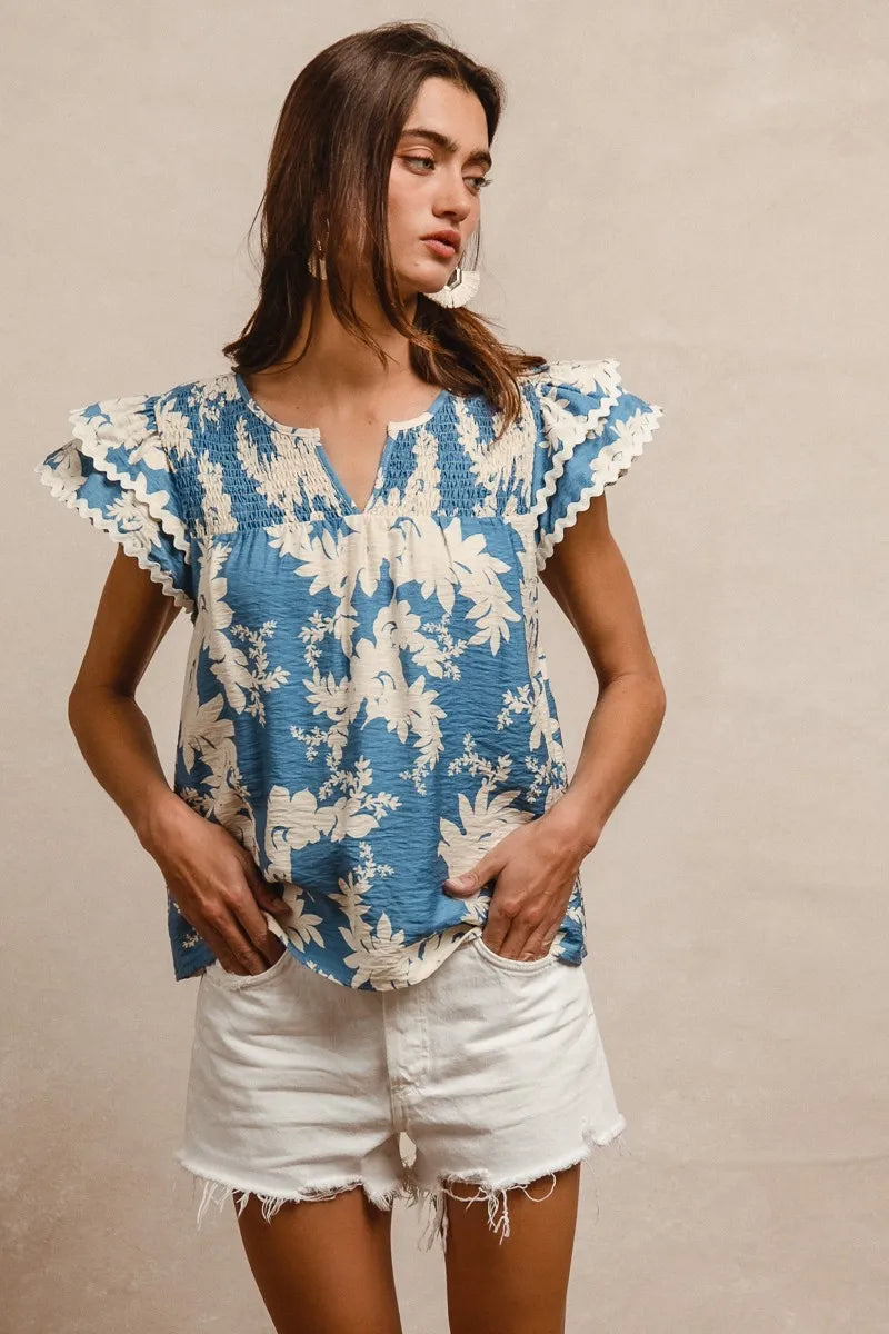 BiBi Floral Prints Wave Trim Smocking Details Short Sleeve Blouse