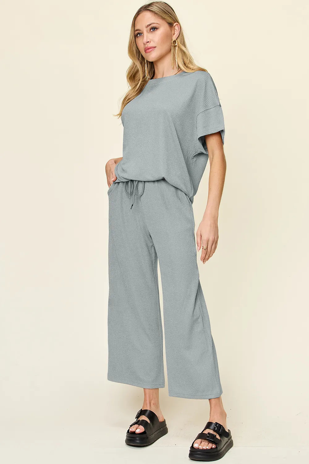 Double Take Full Size Texture Round Neck Short Sleeve T-Shirt and Wide Leg Pants Cloudy Blue