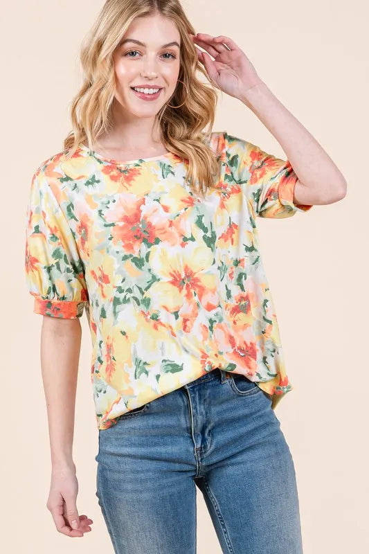 BOMBOM Floral Round Neck Puff Sleeve Top Orange Mix