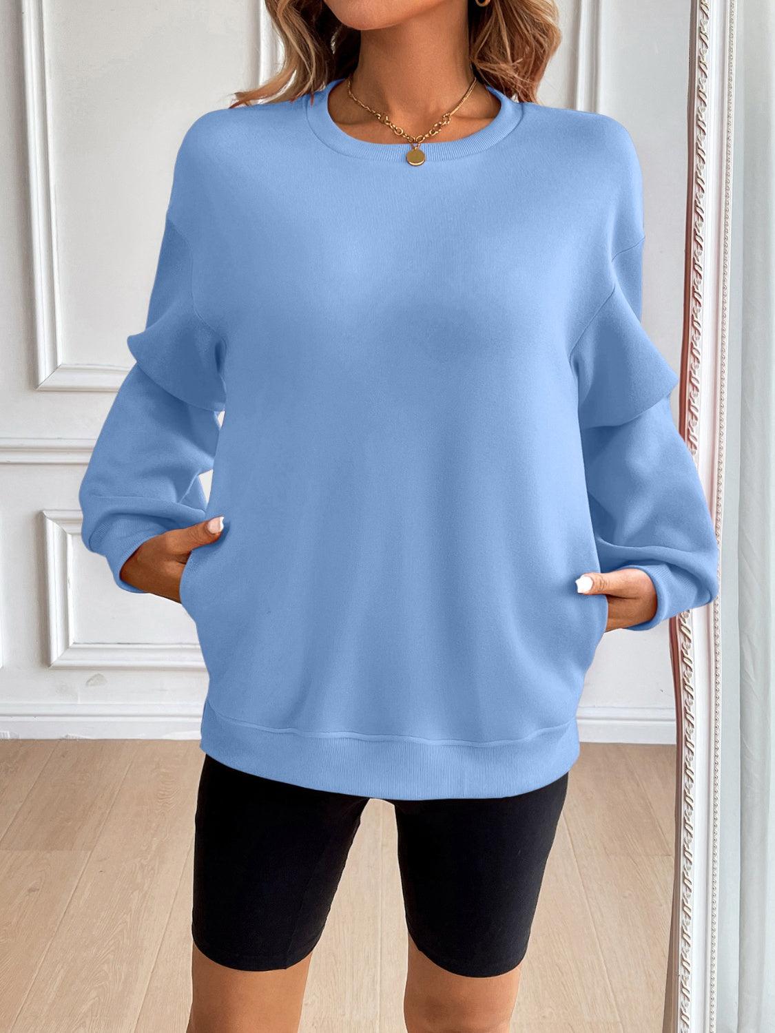 Ivy Lane Round Neck Long Sleeve Sweatshirt Light Blue