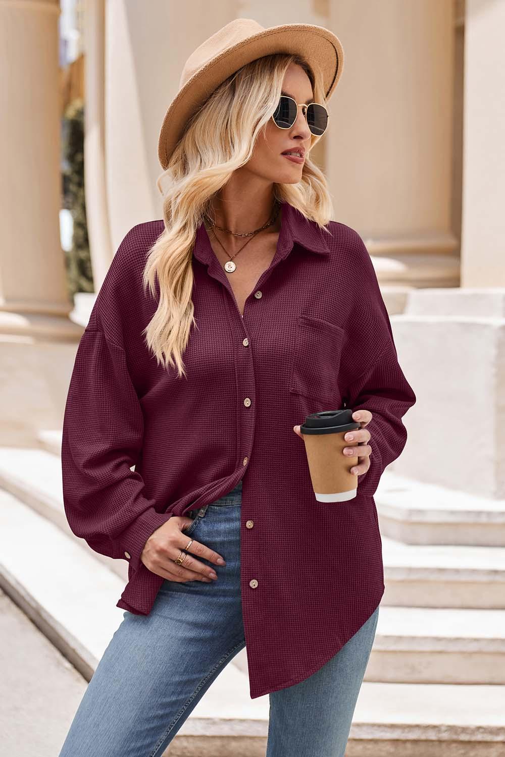 Mandy Collared Neck Dropped Shoulder Shirt Burgundy