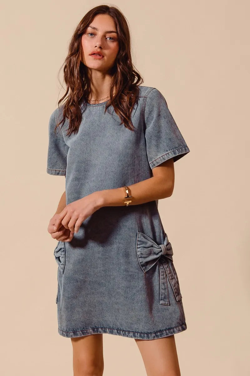 SO ME Bow Ribbon Knot Applique Denim Mini Dress