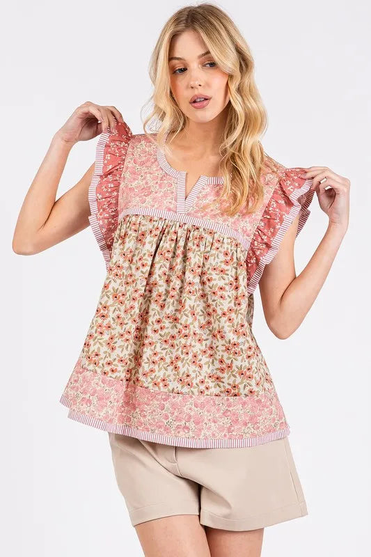 Mittoshop Floral Notched Ruffled Cap Sleeve Blouse