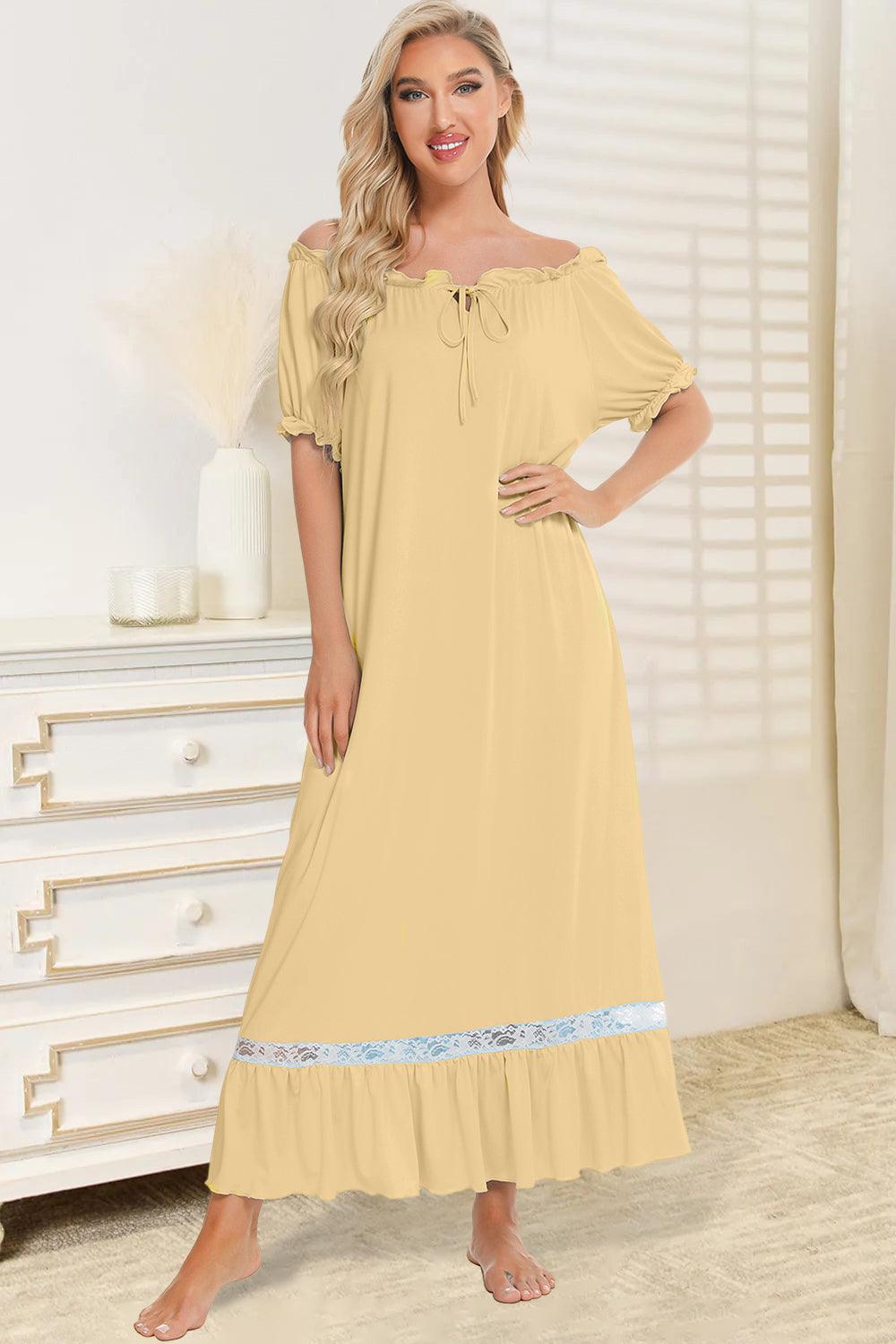 Lace Detail Short Sleeve Lounge Dress Light Yellow
