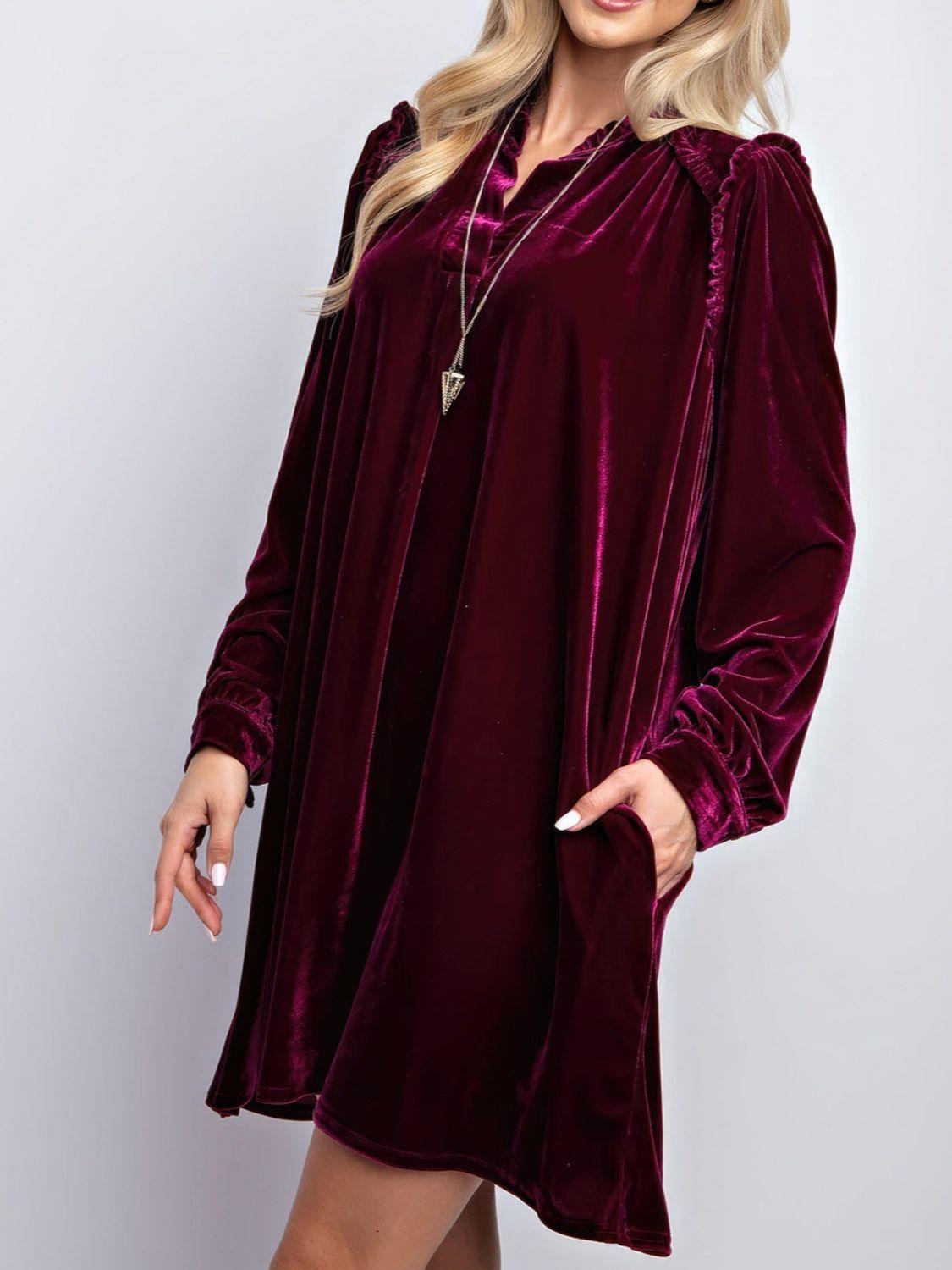 Frill Notched Long Sleeve Dress with Pockets Burgundy