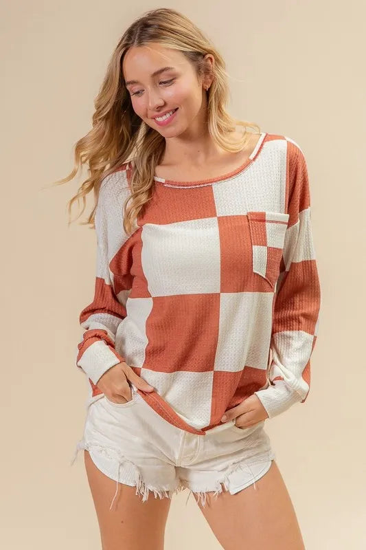 BiBi Checker Printed Hacci Top With Front Pocket RUST