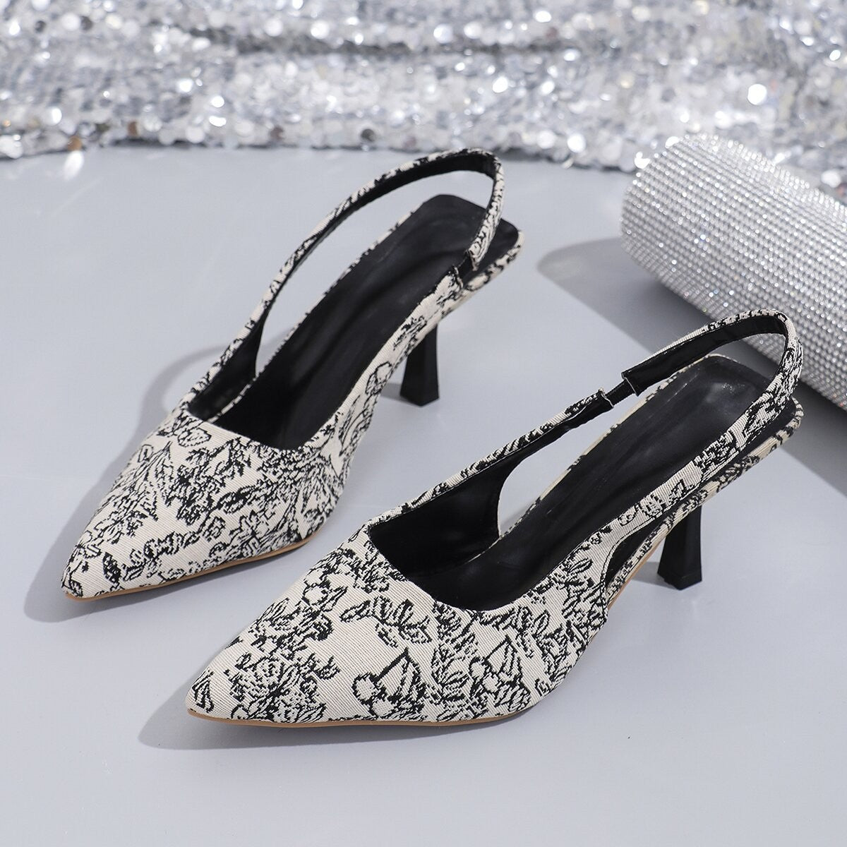 Floral Point Toe Slingback Pumps Beige