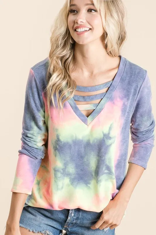 BiBi Tie Dye French Terry V-Neck Top with Strapped