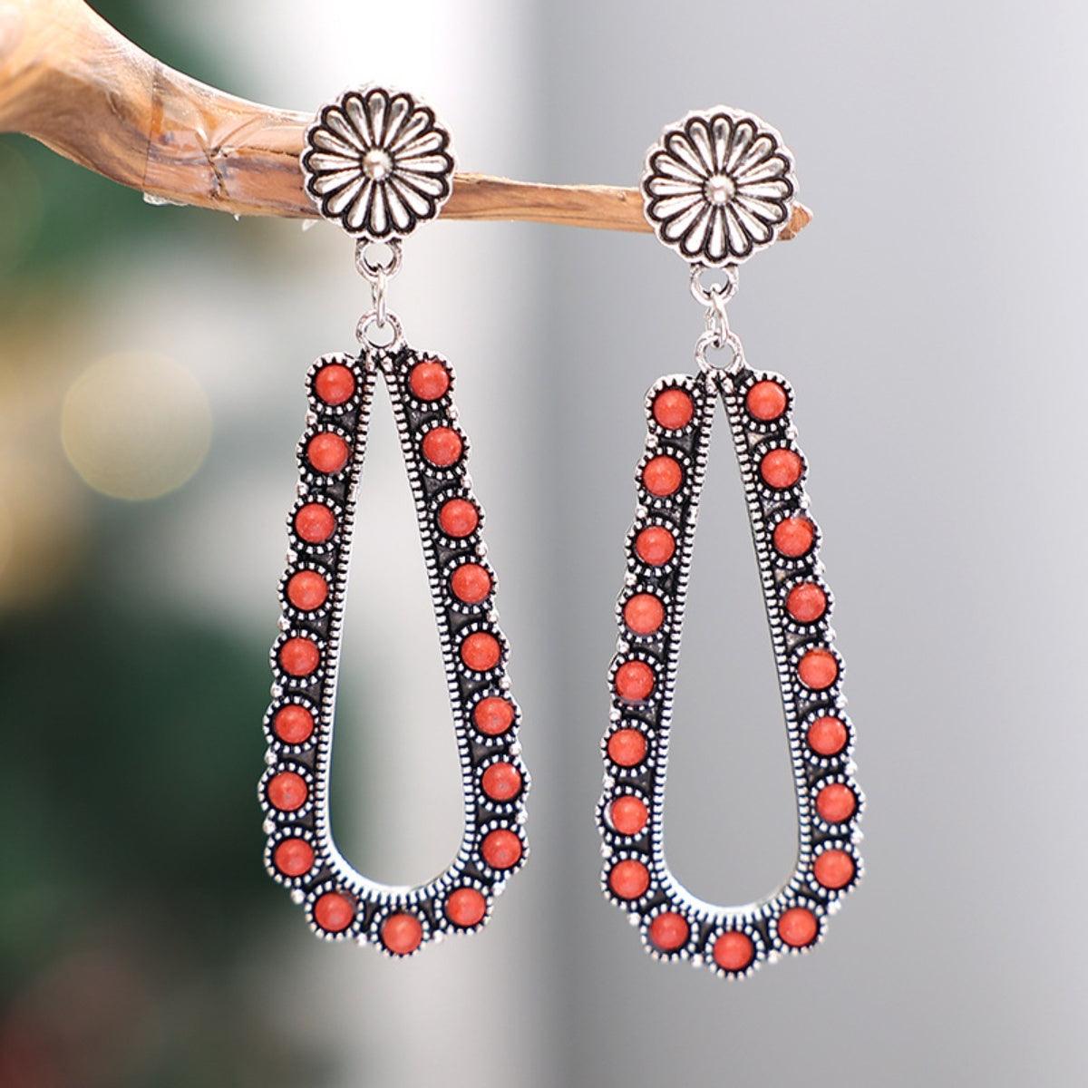 Alloy Beaded Teardrop Earrings Red One Size