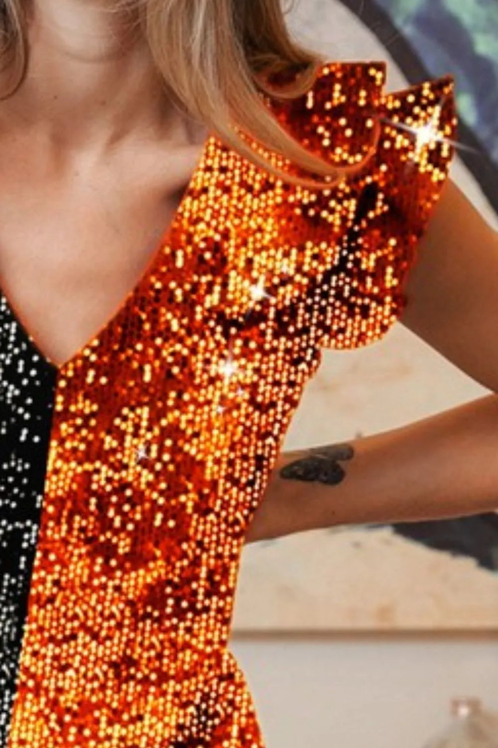 BiBi Game Day Color Block Sequin Ruffled Armhole Top