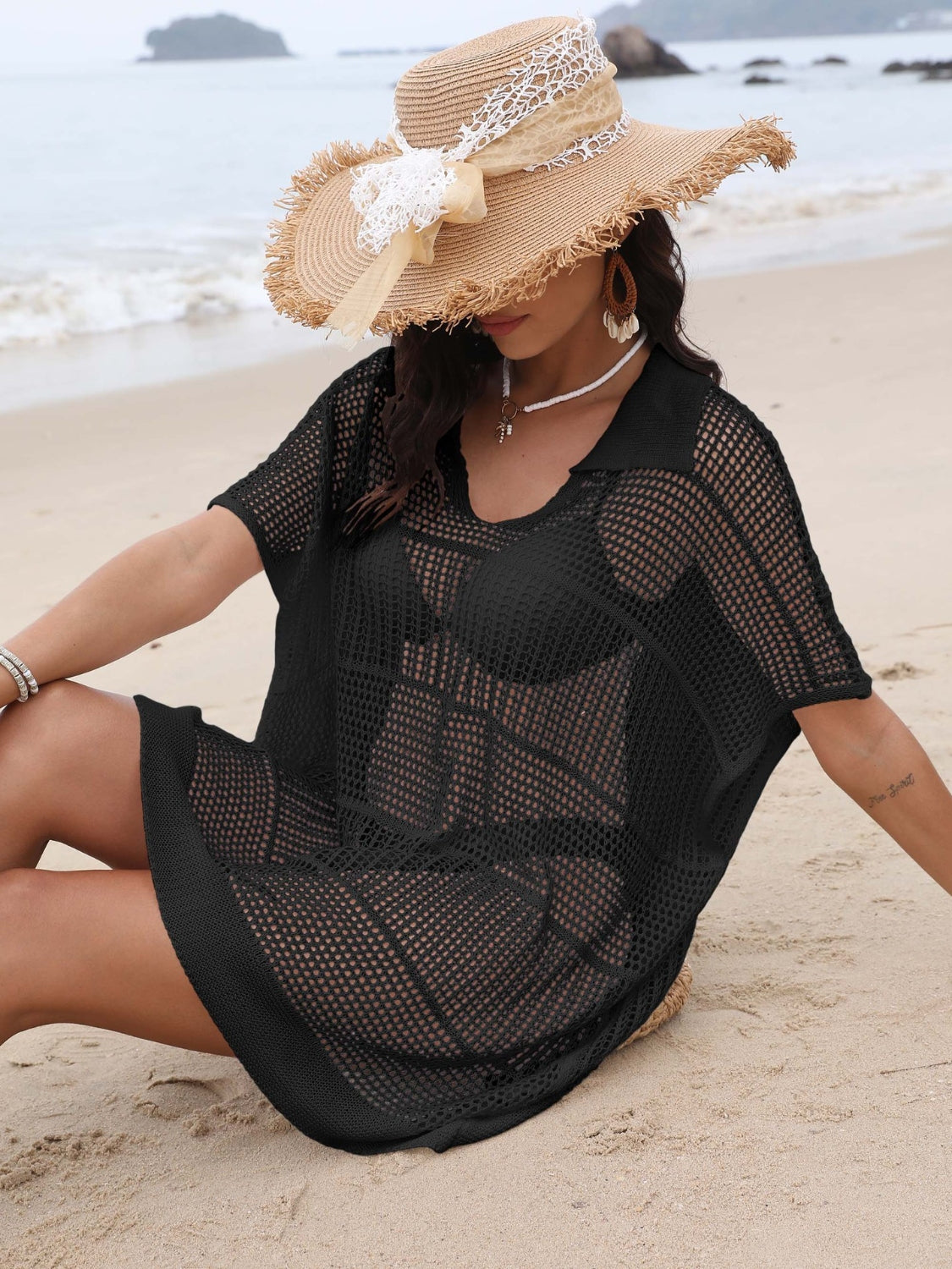 Hollow Out Collared Neck Cover-Up Black One Size