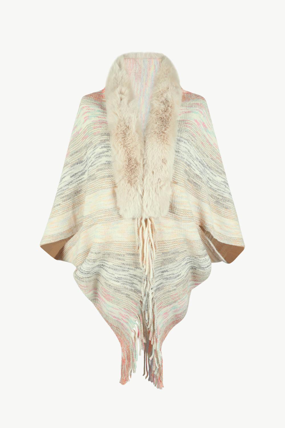 Open Front Fringe Hem Poncho Tan One Size