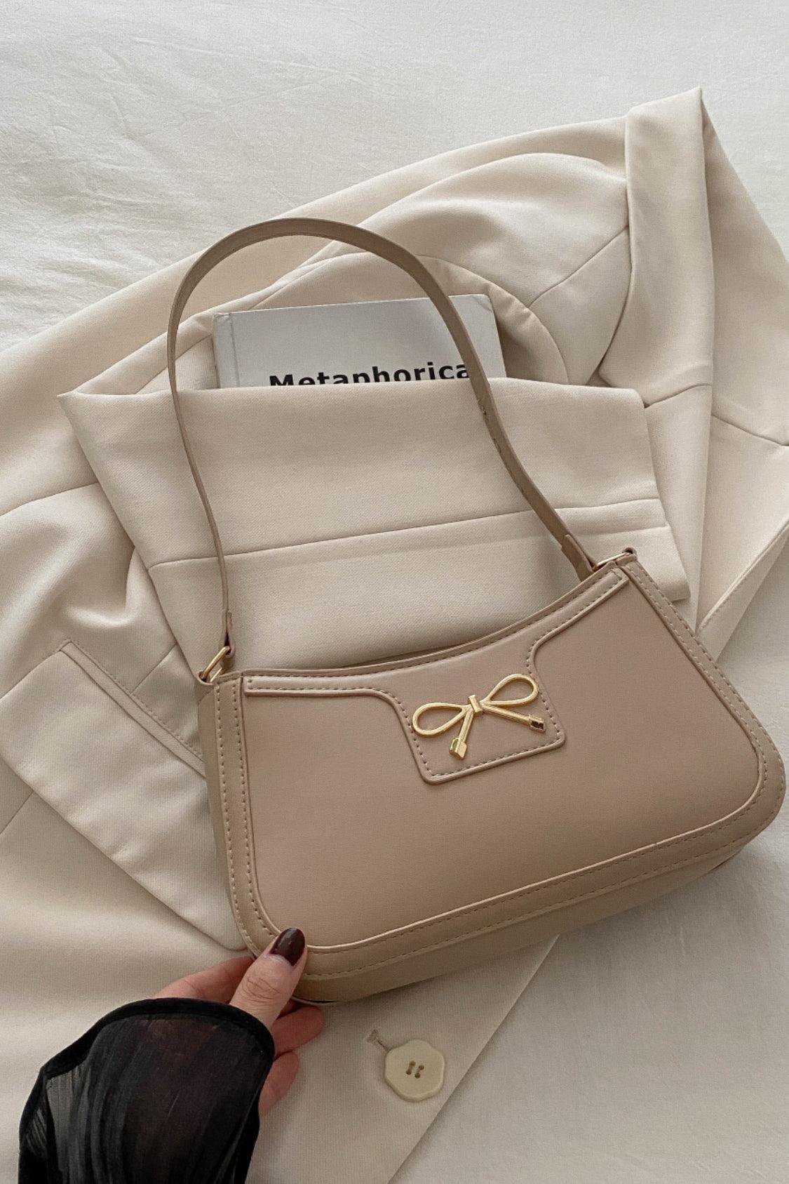 Bow Trim PU Leather Shoulder Bag Khaki One Size