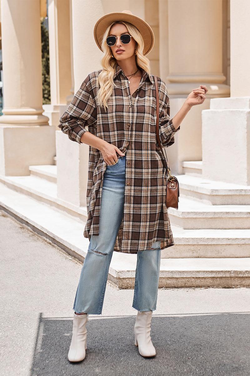 Mandy Plaid Collared Neck Long Sleeve Coat Chocolate