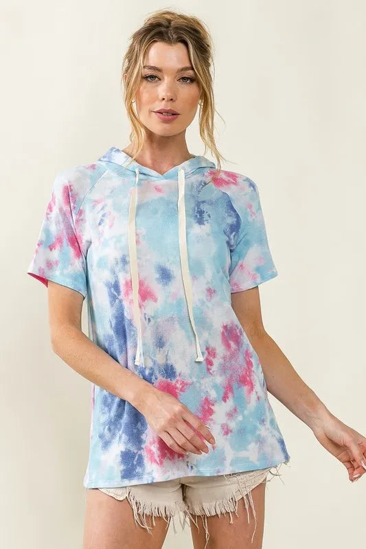 BiBi Tie Dye Terry Hoodie with Drawstring AQUA BLUE