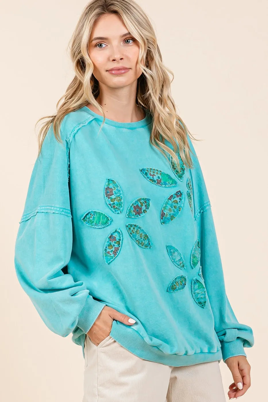 Mittoshop Vintage Textile Flower Patch Mineral Wash Pullover Sweatshirt