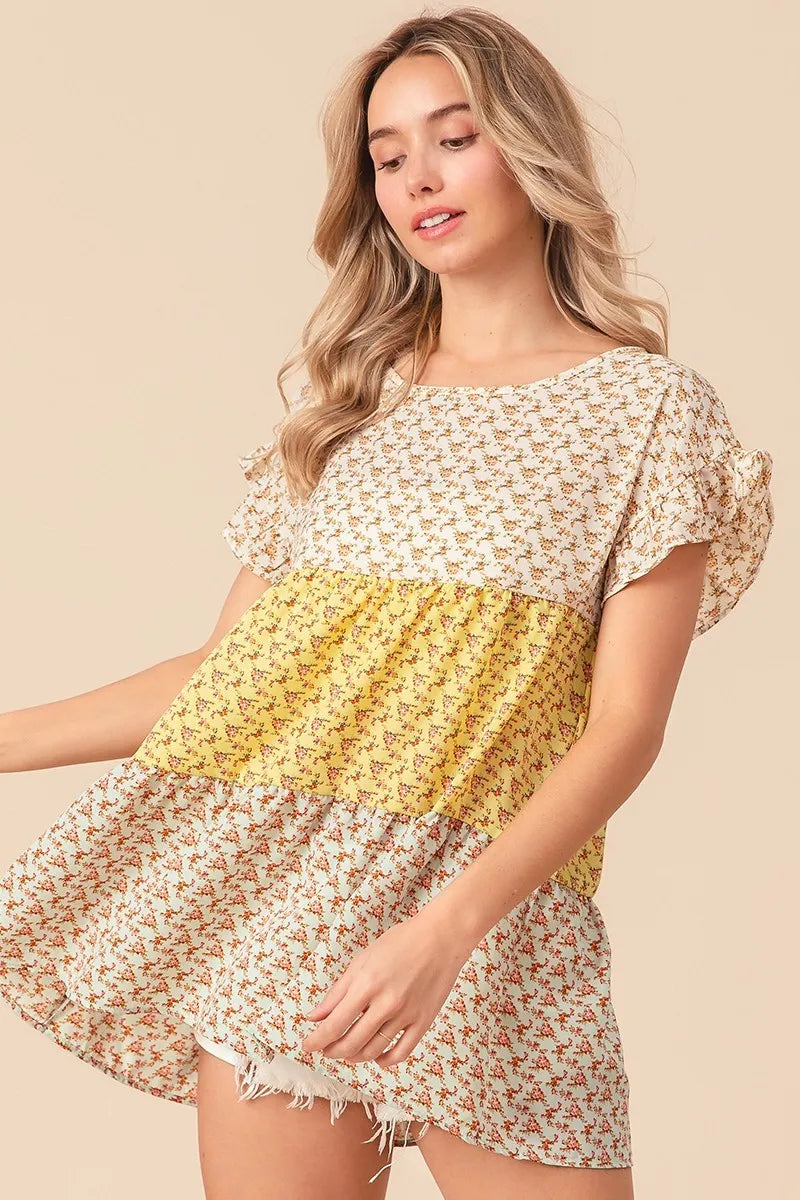 BiBi Flroal Printed Woven Color Block and Tiered Top