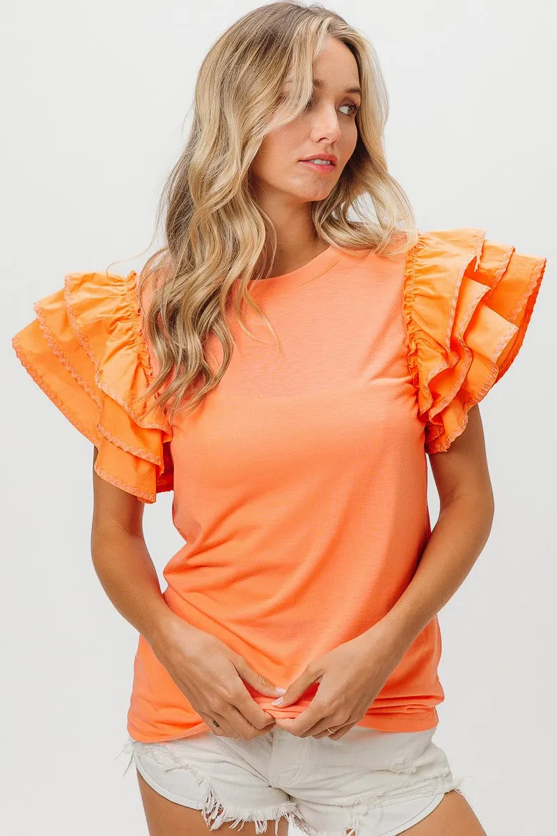 BiBi Knit Top Woven Ruffle Tiered Sleeves APRICOT