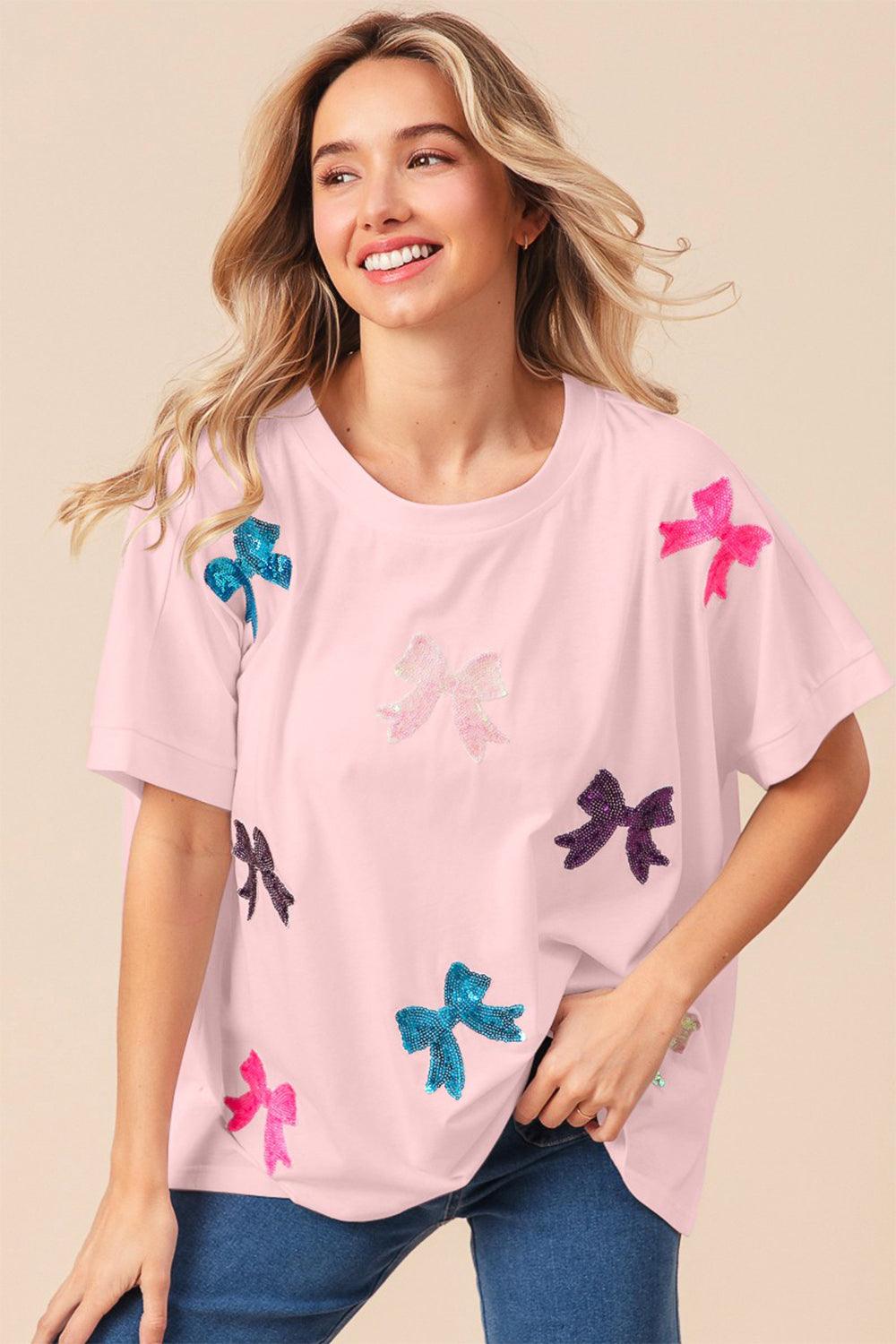 BiBi Sequin Bow Patch Short Sleeve T-Shirt Blush