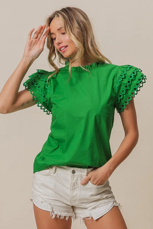 BiBi Solid Woven Circle Trim Ruffle Top