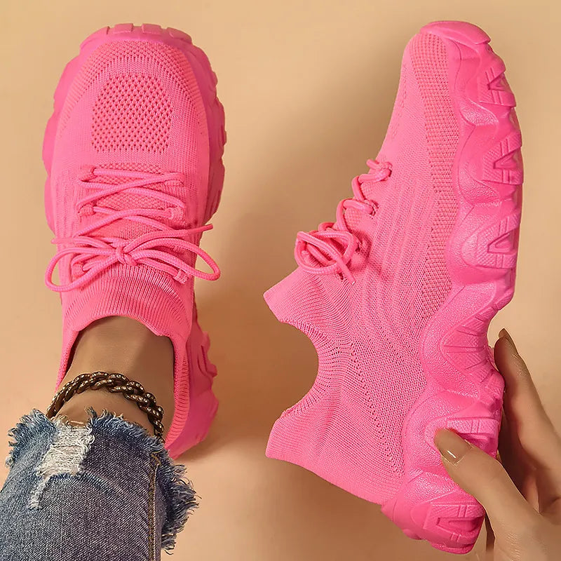 Lace Up Mesh Breathable Athletic Hot Pink