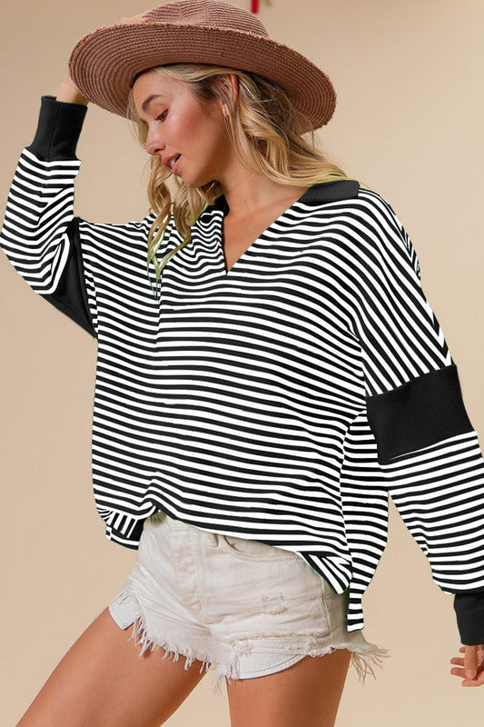 BiBi Striped Contrast Long Sleeve Knit Top Black