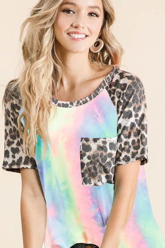 BiBi Tie Dye Knit Top with Leopard Raglan Sleeves PASTEL TIEDYE