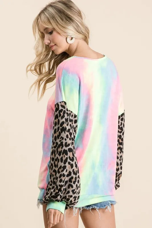 BiBi Tie Dye Terry Top with Leopard Puff Sleeves