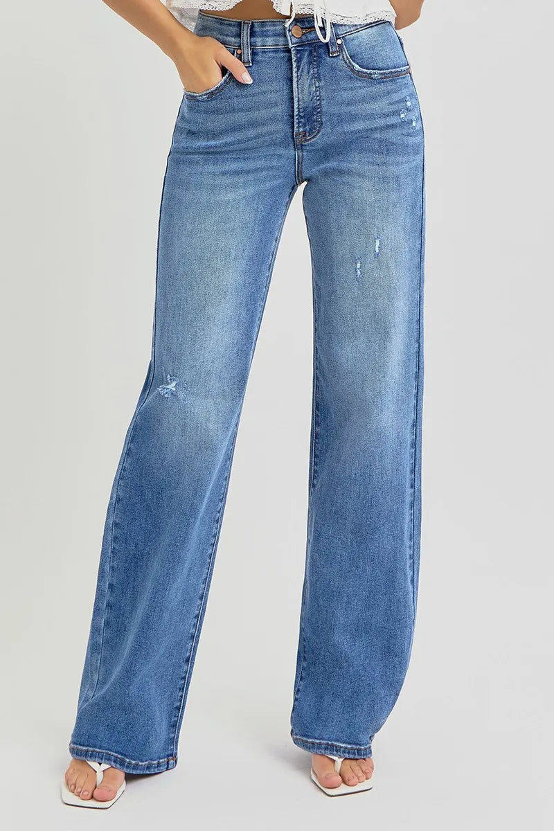RISEN Full Size Tummy Control Elastic Band High Rise Wide Jeans Plus Size MEDIUM