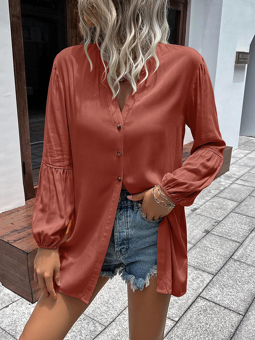 Ivy Lane Notched Neck Balloon Sleeve Shirt Rust
