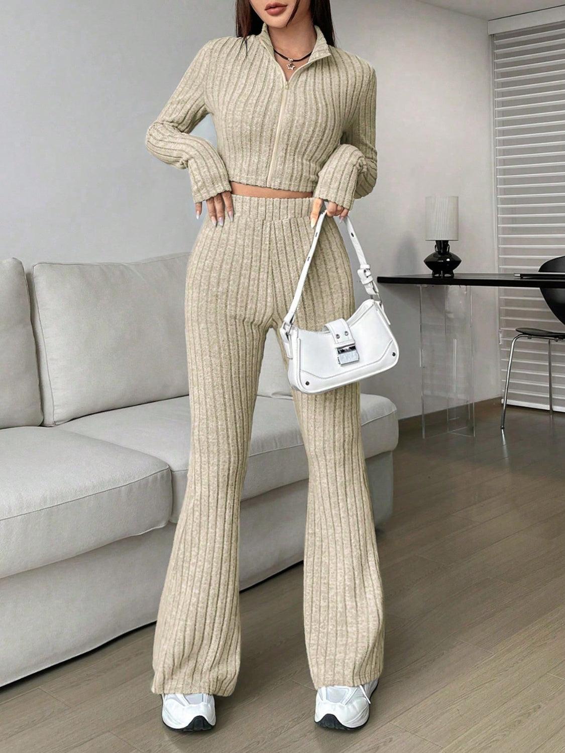 Honey Zip Up Long Sleeve Top and Pants Set Khaki