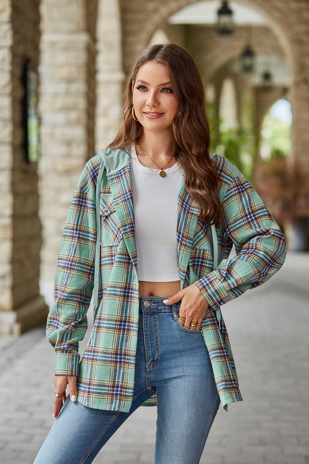 Mandy Plaid Long Sleeve Hooded Jacket Matcha Green
