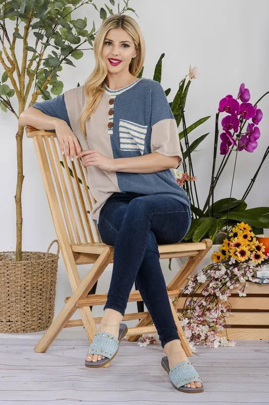 Celeste Full Size Rib Contrast Short Sleeve T-Shirt Plus SIze