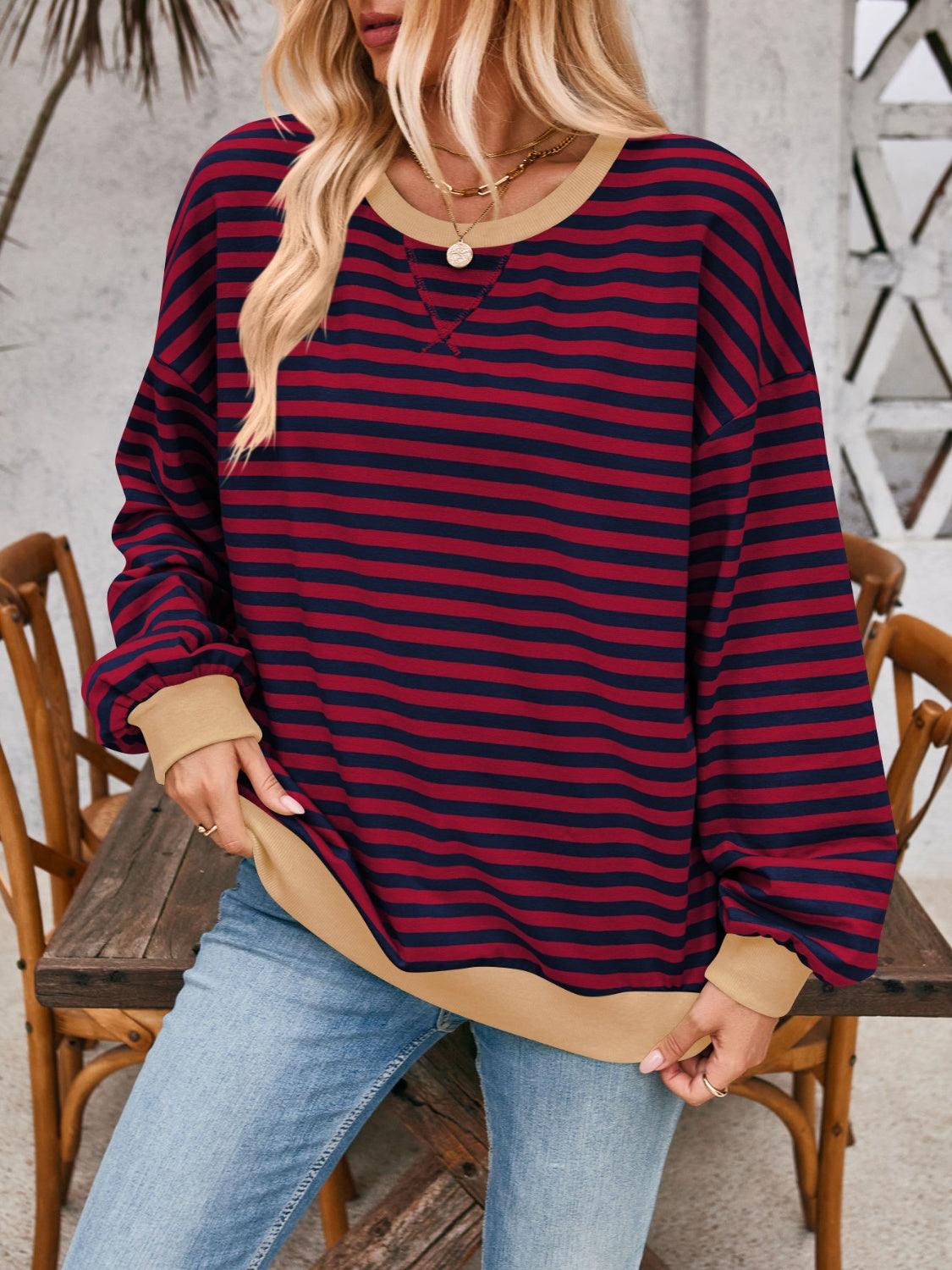 Lovelet Contrast Striped Long Sleeve Sweatshirt Burgundy