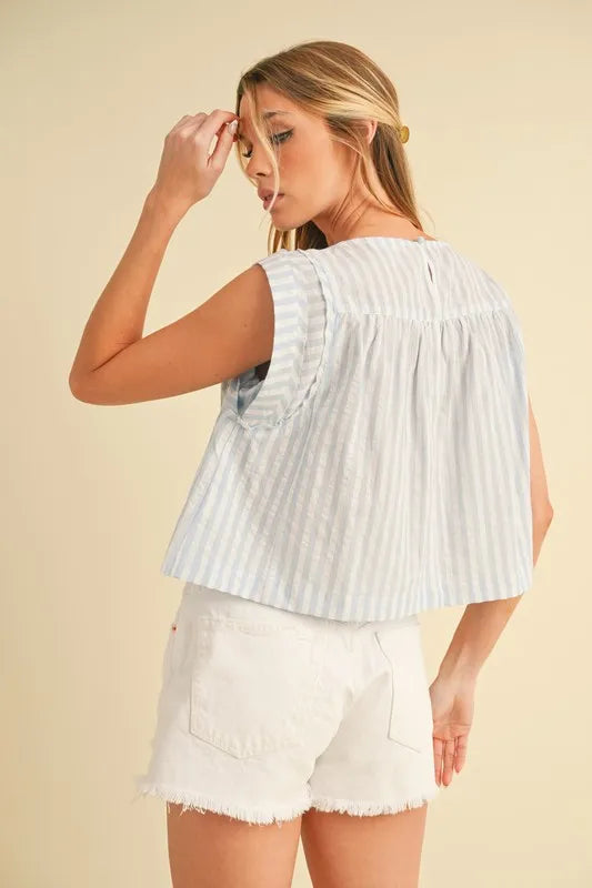 Aemi+Co Ruched Striped Round Neck Sleeveless Top