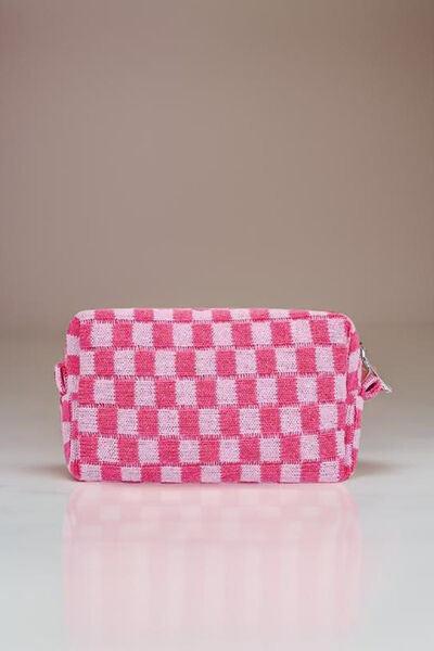 Zenana Checkered Pattern Knitted Cosmetic Pouch Pink One Size