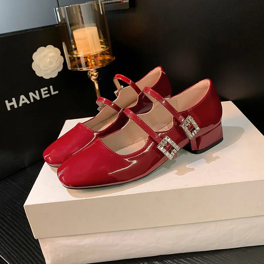 Block Heel Buckle Mary Jane Shoes Scarlet