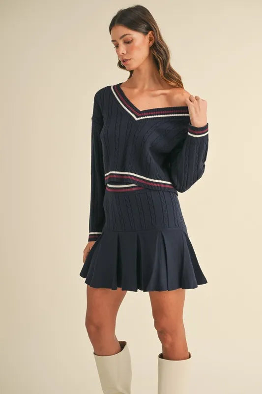 MABLE Cable-Knit Top and Pleated Skirt Sweater Set