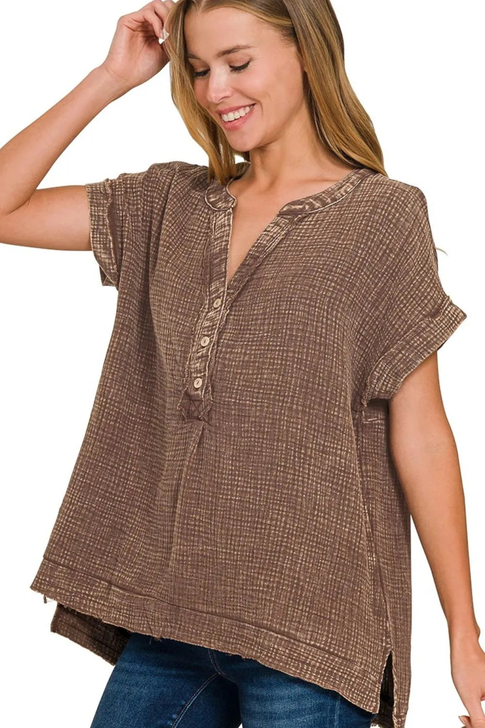 Zenana Washed Double Gauze 3/4 Button Henley Neck Shirt