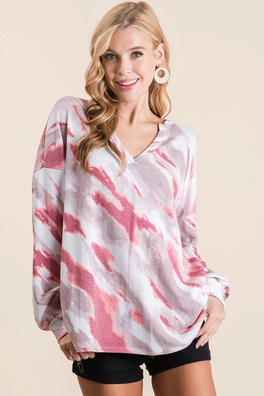 BiBi Tie Dye French Terry Top with Balloon Sleeves MAUVE MULTI