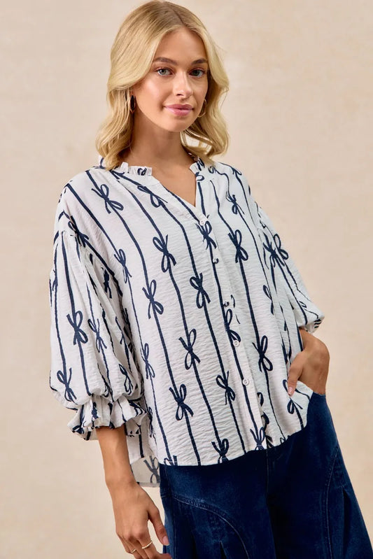 BiBi Bow Ribbon Printed Woven Bubble Sleeves Top OFF WHITE