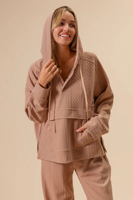 BiBi Textured Knit Buttoned Hoodie Top