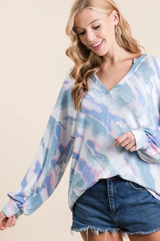 BiBi Tie Dye French Terry Top with Balloon Sleeves LIGHT TURQUOISE