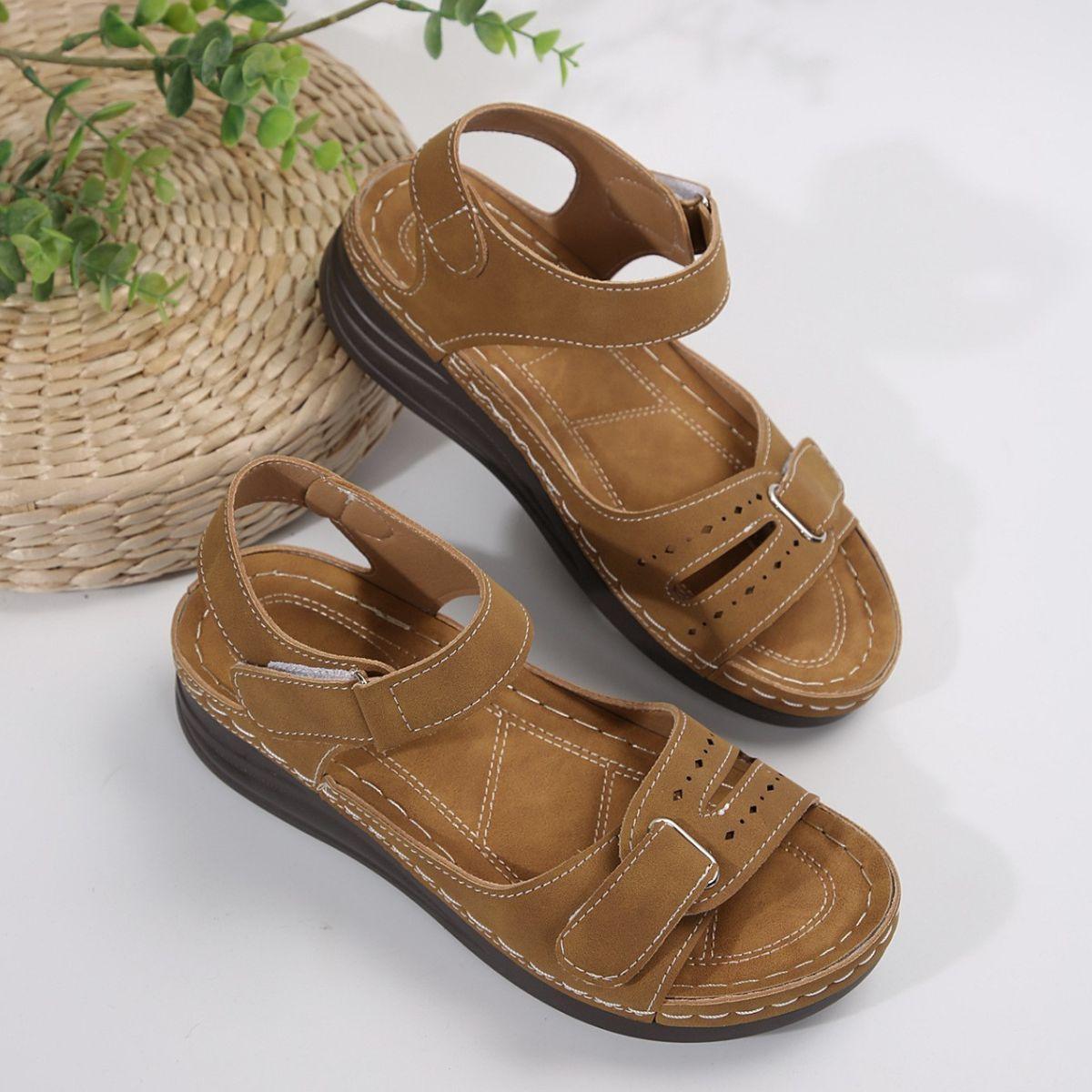 PU Leather Wedge Buckle Sandals Brown