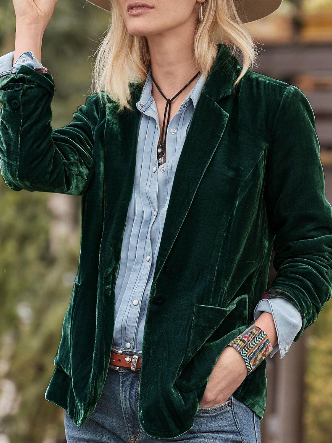 Pocketed Button Up Lapel Collar Blazer Dark Green