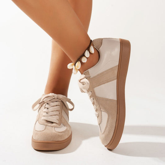 Lace Up Round Toe Flat Sneakers Beige