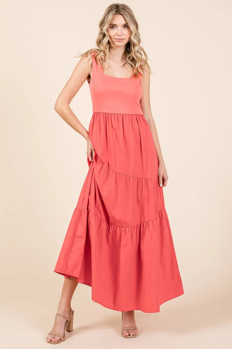 Mittoshop Mix Media Square Neck Maxi Dress CORAL