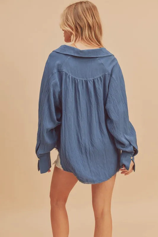 Aemi + Co Raw Hem Button Down Raglan Sleeve Shirt