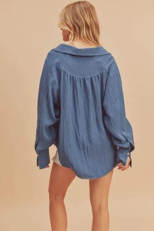Aemi + Co Raw Hem Button Down Raglan Sleeve Shirt