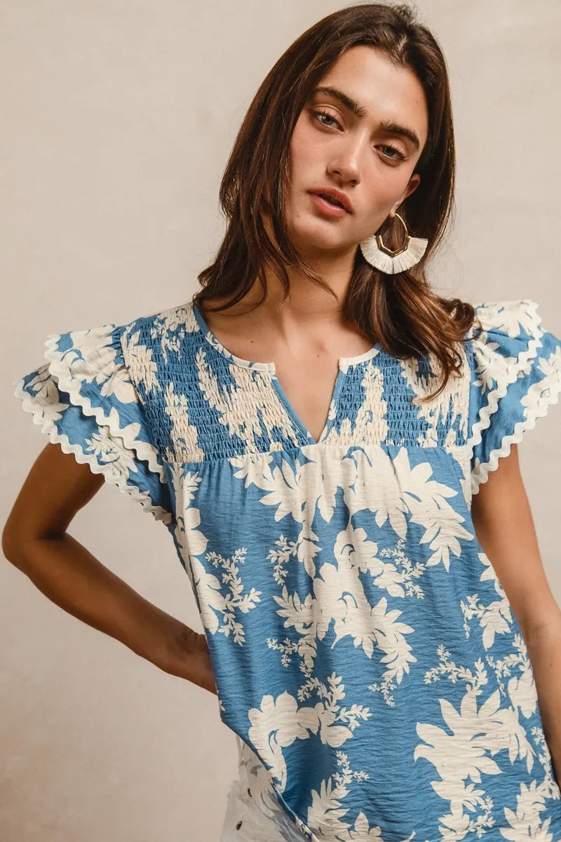 BiBi Floral Prints Wave Trim Smocking Details Short Sleeve Blouse